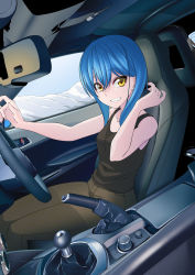 Rule 34 | 1girl, bare arms, bare shoulders, black pants, black tank top, blue hair, car interior, collarbone, commentary request, driving, dutch angle, eunos roadster, full body, grin, hair between eyes, highres, looking at viewer, mazda mx-5, mazda mx-5 nd, medium hair, original, pants, right-hand drive, smile, solo, tank top, teeth, tomcat, yellow eyes
