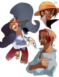 Rule 34 | 1boy, amputee, artist request, before and after, black cape, cape, facial hair, hat, highres, holding, holding sword, holding weapon, jumping, looking to the side, manly, multiple views, one piece, pectorals, red hair, scar, scar across eye, scar on face, shanks (one piece), shirt, short hair, simple background, solo, straw hat, sword, weapon, white background, white shirt