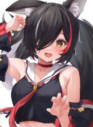 Rule 34 | 1girl, alternate hairstyle, animal ear fluff, animal ears, black hair, black sleeves, blush, breasts, choker, claw pose, commentary request, crop top, detached sleeves, embarrassed, fangs, hair over one eye, hands up, highres, hololive, looking at viewer, medium breasts, multicolored hair, neckerchief, ookami mio, ookami mio (1st costume), open mouth, red choker, red hair, red neckerchief, sailor collar, short hair, sideboob, simple background, solo, streaked hair, tail, tongue, uechin ewokaku, virtual youtuber, white background, white hair, white sailor collar, wolf ears, wolf tail, yellow eyes