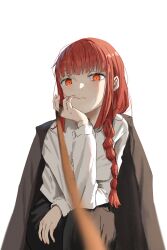 Rule 34 | 1girl, absurdres, braid, chainsaw man, dress shirt, formal, hand on own face, highres, leash, looking at viewer, makima (chainsaw man), pant suit, pants, pov, red eyes, red hair, shirt, single braid, suit, tanac mangi, viewer on leash