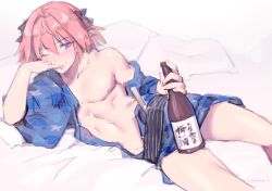 Rule 34 | 1boy, alcohol, alternate costume, androgynous, astolfo (fate), bed sheet, black bow, blue kimono, blush, bottle, bow, bulge, eyelashes, fate/apocrypha, fate (series), feet out of frame, fiodo, hair between eyes, hair bow, holding, holding bottle, japanese clothes, kimono, lying, male focus, medium hair, on back, one eye closed, pillow, pink hair, purple eyes, shiny skin, short kimono, sidelocks, sketch, smile, solo, thighs, tongue, tongue out, wide sleeves