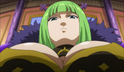 Rule 34 | 1girl, brandish mew, breasts, cleavage, fairy tail, green eyes, green hair, highres, large breasts, looking down, matching hair/eyes, screencap, stitched, third-party edit
