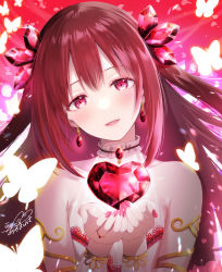 Rule 34 | 1girl, azuma yuki, blush, detached sleeves, earrings, hair ornament, heart-shaped gem, highres, jewelry, long hair, looking at viewer, original, red eyes, red hair, solo