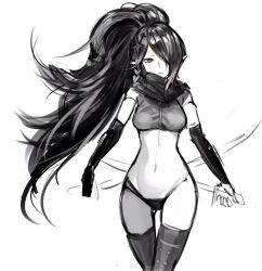 Rule 34 | 1girl, alternate costume, arm guards, armor, armpits, assassin, black gloves, breasts, elbow gloves, expressionless, fingerless gloves, gloves, greyscale, hair ornament, hair over one eye, holding, holding sword, holding weapon, long hair, looking at viewer, medium breasts, monochrome, navel, original, pointy ears, scarf, shadow dancer (dungeon and fighter), shiny skin, shuriken, sideboob, solo, sword, thief (dungeon and fighter), thighhighs, torn clothes, underwear, underwear only, very long hair, weapon, zipper