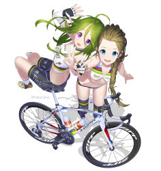 Rule 34 | 2girls, ahoge, ass, bicycle, bike jersey, bike shorts, blue eyes, blush, braid, breasts, brown hair, commentary request, fingerless gloves, from above, gloves, green hair, hitomi kazuya, long hair, looking at viewer, looking up, multiple girls, navel, open mouth, original, purple eyes, single braid, smile, thighhighs, v