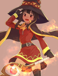 Rule 34 | 10s, 1girl, bandages, belt, black hair, black thighhighs, blush, cape, collar, commentary request, dress, fingerless gloves, gloves, hat, kibamigohann, kono subarashii sekai ni shukufuku wo!, looking at viewer, megumin, open mouth, red dress, red eyes, scepter, short hair, single thighhigh, smile, solo, thighhighs, witch hat