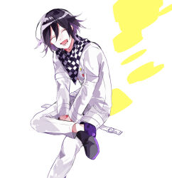 Rule 34 | 1boy, arms between legs, black hair, buttons, checkered clothes, checkered scarf, closed eyes, crossed legs, danganronpa (series), danganronpa v3: killing harmony, flipped hair, hair between eyes, happy, invisible chair, kuku (gsvf5358), long sleeves, male focus, oma kokichi, open mouth, purple hair, scarf, short hair, simple background, sitting, smile, solo, straitjacket, teeth, white background