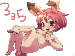 Rule 34 | 1girl, animal ears, barefoot, breasts, brown eyes, brown hair, feet, furry, furry female, looking at viewer, lying, nipples, nude, okiyo, open mouth, puffy nipples, rabbit ears, rabbit tail, short hair, simple background, smile, soles, solo, tail, toes