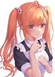 Rule 34 | absurdres, ahoge, alternate hairstyle, apron, arisugawa natsuha, blush, brown eyes, clenched hand, commentary request, frills, hand on own chest, highres, hoshina hoshimi, idolmaster, idolmaster shiny colors, long hair, looking at viewer, maid, maid apron, orange hair, short sleeves, shy, smile, solo, twintails, upper body, wavy hair, white background, wing collar