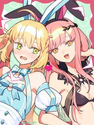 Rule 34 | 2girls, ahoge, animal ears, artoria caster (fate), artoria caster (swimsuit) (fate), artoria caster (swimsuit) (second ascension) (fate), artoria pendragon (fate), bikini, black bikini, blonde hair, blue dress, blush, breasts, bunny day, cleavage, cnoc na riabh (fate), cnoc na riabh (swimsuit foreigner) (fate), commentary request, detached sleeves, dress, fake animal ears, fate/grand order, fate (series), green eyes, hair between eyes, heart, locked arms, long hair, looking at viewer, medb (fate), multiple girls, official alternate costume, pink hair, puteru, small breasts, smile, swimsuit, twintails, twitter username, yellow eyes