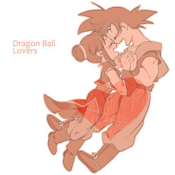 Rule 34 | 1boy, 1girl, black hair, boots, chi-chi (dragon ball), chinese clothes, copyright name, couple, dougi, dragon ball, dragonball z, closed eyes, happy, hetero, long sleeves, na (mu33), noses touching, open mouth, own hands together, short hair, simple background, smile, son goku, spiked hair, white background, wristband