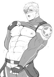 Rule 34 | 1boy, abs, bara, bare pectorals, belt, blush, captain america, captain america (series), clothes lift, clothes pull, fingerless gloves, gloves, greyscale, large pectorals, male focus, marvel, monochrome, muscular, muscular male, mxsxe, navel, nipples, one eye closed, open mouth, pants, pants pull, pectorals, shirt lift, short hair, solo, steve rogers