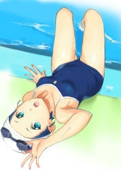 Rule 34 | 10s, 1girl, :o, ano natsu de matteru, aqua eyes, bad id, bad pixiv id, blue hair, competition school swimsuit, goggles, goggles on head, kick-to-rip, looking at viewer, lying, on back, one-piece swimsuit, pool, school swimsuit, short hair, solo, swim cap, swimsuit, tanigawa kanna, upside-down