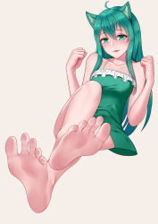 Rule 34 | 1girl, absurdres, animal ears, bare arms, bare legs, bare shoulders, barefoot, blush, breasts, cat ears, cat girl, collarbone, commentary request, commission, crossed legs, dress, eyelashes, feet, foot focus, foreshortening, frilled dress, frills, greek toe, green dress, green eyes, green hair, hair between eyes, hands up, highres, invisible chair, long hair, looking at viewer, medium breasts, oirin, original, parted lips, pixiv commission, sidelocks, simple background, sitting, sleeveless, soles, solo, sundress, tan background, toes