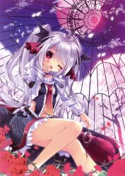 Rule 34 | 1girl, absurdres, black skirt, blood, choker, collarbone, fang, full moon, hair ornament, highres, holding, long hair, looking at viewer, moon, nanamomo rio, one eye closed, open mouth, original, red eyes, silver hair, sitting, skirt, solo, twintails, vampire, very long hair