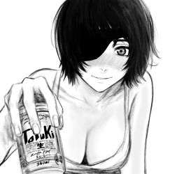 Rule 34 | 1girl, beer can, blush, breasts, can, chainsaw man, cleavage, collarbone, commentary, drink, drink can, eyepatch, greyscale, highres, himeno (chainsaw man), holding, holding can, holding drink, looking at viewer, medium breasts, monochrome, one eye covered, parted lips, raberu ruru, short hair, simple background, sleeveless, smile, solo, tank top, upper body, white background
