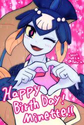 Rule 34 | 1girl, apron, birthday, blue skin, blush, colored skin, fins, fish girl, heart, heart hands, highres, looking at viewer, minette (skullgirls), one eye closed, open mouth, pata n, pink background, ponytail, shell hair ornament, skullgirls, smile, solo, upper body