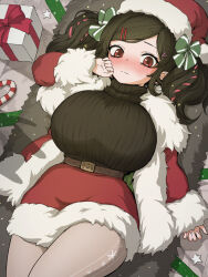 1girl averting_eyes belt black_sweater blush bottle_neko bow box breasts candy candy_cane closed_mouth food fur-trimmed_headwear fur-trimmed_jacket fur-trimmed_skirt fur_trim gift gift_box green_bow hair_ornament hair_ribbon hairclip hat heart heart_hair_ornament jacket large_breasts lying nose_blush on_back original pantyhose pink_ribbon red_eyes red_skirt ribbon santa_costume santa_hat skirt solo star_(symbol) sweater sweater_tucked_in turtleneck turtleneck_sweater twintails white_pantyhose