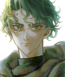 Rule 34 | 1boy, :|, aripyon, black shirt, cape, closed mouth, curly hair, expressionless, green cape, green eyes, green hair, highres, looking at viewer, male focus, portrait, sebek zigvolt, shirt, short hair, simple background, slit pupils, solo, turtleneck, twisted wonderland, white background