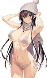 Rule 34 | 1girl, armpits, arms up, beanie, bikini, black hair, breasts, closed mouth, cowboy shot, foreshortening, hair between eyes, haitekudasai takamine-san, hat, hiiragi yuuichi, jewelry, large breasts, light smile, long hair, looking at viewer, navel, pom pom (clothes), red eyes, scarf, side-tie bikini bottom, simple background, skindentation, solo, swimsuit, takamine takane, thighs, underboob, white background
