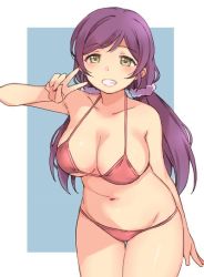 Rule 34 | 1girl, arm at side, bikini, blue background, blush, breasts, cleavage, collarbone, cowboy shot, duke (inu daimyou), green eyes, grin, groin, hair ornament, hair scrunchie, halterneck, large breasts, leaning forward, long hair, looking at viewer, love live!, love live! school idol project, low twintails, navel, plump, purple hair, purple scrunchie, red bikini, scrunchie, simple background, smile, solo, swimsuit, thigh gap, tojo nozomi, twintails, v