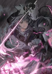 Rule 34 | 1girl, arknights, arm up, belt, black dress, black gloves, closed mouth, dress, expressionless, gloves, grey hair, grey theme, highres, holding, holding sword, holding weapon, irene (arknights), jinfeng0430, lantern, long hair, long sleeves, looking at viewer, pink eyes, pouch, rain, solo, sword, very long hair, weapon, white belt
