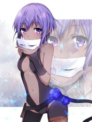 Rule 34 | 1girl, arm warmers, bare shoulders, belt pouch, blue flower, blush, breasts, center opening, covered mouth, cowboy shot, dark-skinned female, dark skin, eyebrows, fate/grand order, fate/prototype, fate/prototype: fragments of blue and silver, fate (series), flower, hair between eyes, hassan of serenity (fate), holding, holding mask, leotard, looking at viewer, mask, unworn mask, navel, pouch, purple eyes, purple hair, short hair, sidelocks, skull mask, sleeveless, small breasts, solo, stomach, thigh strap, tsuezu, zoom layer