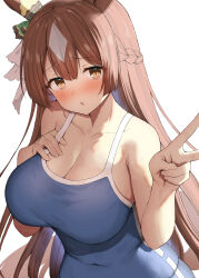 Rule 34 | 1girl, animal ears, b-ginga, blue one-piece swimsuit, blush, bow, braid, breasts, brown eyes, brown hair, cleavage, collarbone, commentary, competition school swimsuit, covered navel, ear ornament, ear ribbon, french braid, hair between eyes, hand on own chest, hands up, highres, horse ears, horse girl, large breasts, long hair, looking at viewer, multicolored hair, one-piece swimsuit, open mouth, satono diamond (umamusume), school swimsuit, solo, streaked hair, swimsuit, tracen swimsuit, umamusume, upper body, v, white background