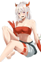 Rule 34 | 1girl, :d, absurdres, arknights, bandeau, bare legs, bare shoulders, barefoot, belt, black belt, blush, breasts, chinese commentary, collarbone, commentary request, fangs, foot out of frame, hand up, highres, horns, looking at viewer, medium breasts, medium hair, midriff, multicolored hair, navel, nian (arknights), open mouth, pointy ears, purple eyes, red hair, shorts, silver hair, simple background, sitting, smile, solo, stomach, strapless, streaked hair, thighs, tube top, white background, white shorts, xllam