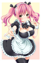 Rule 34 | 1girl, apron, blush, breasts, brown eyes, cleavage, dress, long hair, looking at viewer, maid, maid apron, maid headdress, original, outstretched arm, outstretched hand, pink hair, solo, thighhighs, tottoto tomekichi, twintails, wrist cuffs