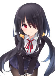 Rule 34 | 1girl, absurdres, black hair, black jacket, blazer, blue skirt, blush, brown pantyhose, closed mouth, collared shirt, cowboy shot, date a live, hair over one eye, hair over shoulder, head tilt, highres, jacket, leaning forward, long hair, long sleeves, looking at viewer, low twintails, miniskirt, natsu (sinker8c), neck ribbon, pantyhose, pleated skirt, red eyes, red ribbon, ribbon, school uniform, shirt, simple background, skirt, smile, solo, standing, tokisaki kurumi, twintails, undershirt, very long hair, white background, white shirt, wing collar