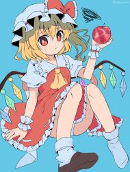 Rule 34 | 1girl, :/, apple, ascot, black footwear, blue background, bobby socks, bow, bright pupils, closed mouth, commentary, crystal, english commentary, flandre scarlet, food, fruit, full body, hat, hat bow, highres, holding, holding food, holding fruit, looking at viewer, mob cap, one side up, puffy short sleeves, puffy sleeves, ramudia (lamyun), red apple, red bow, red eyes, red skirt, red vest, shirt, shoes, short sleeves, simple background, single shoe, skirt, socks, solo, squiggle, touhou, vest, white hat, white pupils, white shirt, white socks, wings, yellow ascot