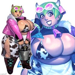 Rule 34 | 1girl, absurdres, animal print, boots, bra, breasts, brown eyes, bucket, cleavage, clothes lift, collar, cow horns, cow print, cowbell, cowboy boots, eyeshadow, fat, foo fighters (jojo), foo fighters (stand), green hair, highres, horns, huge breasts, jacket, jojo no kimyou na bouken, lipstick, makeup, namnums, shirt lift, short hair, skirt, stone ocean, sunglasses, sunglasses on head, thick thighs, thighs, underwear