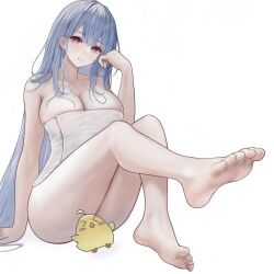 Rule 34 | 1girl, absurdres, azur lane, bare shoulders, barefoot, bird, blue hair, blunt bangs, breasts, chick, cleavage, convenient censoring, feet, foot focus, foreshortening, highres, large breasts, long hair, looking at viewer, manjuu (azur lane), naked towel, official alternate costume, presenting foot, purple eyes, simple background, soles, toes, tomozou-1971, towel, voroshilov (azur lane), voroshilov (devoted as the warm snow) (azur lane), white background