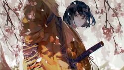 Rule 34 | 2boys, androgynous, black eyes, black hair, bob cut, branch, cherry blossoms, closed mouth, commentary, falling petals, grey background, head out of frame, highres, japanese clothes, katana, kimono, kuro the divine heir, looking at viewer, looking to the side, male focus, multiple boys, painterly, petals, red ribbon, ribbon, sekiro, sekiro: shadows die twice, sheath, sheathed, short hair, standing, sword, symbol-only commentary, syokuuuuuuuuumura, upper body, weapon, yellow kimono