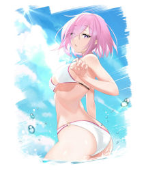 Rule 34 | 1girl, alternate costume, ass, bikini, blue sky, breasts, cloud, day, fate/grand order, fate (series), hair over one eye, highres, looking at viewer, looking to the side, mash kyrielight, medium breasts, o-ring, o-ring bikini, open mouth, pink eyes, pink hair, short hair, sideboob, sky, solo, sunlight, swimsuit, wading, water, water drop, white bikini, xiaoxiao de kuangsan