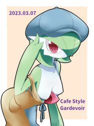 Rule 34 | 1girl, arched back, bare shoulders, black outline, blue dress, blue hat, blush, bob cut, border, breasts, breasts out, brown dress, cabbie hat, character name, clothed pokemon, collarbone, colored skin, cowboy shot, creatures (company), dated, dress, english text, female focus, game freak, gardevoir, gardevoir (cafe), gardevoir day, gen 3 pokemon, green hair, green skin, hair over one eye, hand up, hat, highres, leaning forward, light blush, looking at viewer, medium breasts, multicolored skin, neichii, nintendo, off shoulder, one eye covered, open mouth, orange background, outline, outside border, pokemon, pokemon (creature), pokemon unite, red eyes, short hair, simple background, sleeveless, sleeveless dress, solo, standing, strap slip, two-tone dress, two-tone skin, white border, white skin