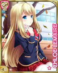Rule 34 | 1girl, :o, bench, blonde hair, blue eyes, blue jacket, bow, card, character name, chloe lemaire, day, girlfriend (kari), jacket, leaf, long hair, official art, open mouth, outdoors, plaid, plaid skirt, qp:flapper, red bow, red neckwear, red skirt, school uniform, shirt, skirt, solo, tagme, tree, white shirt