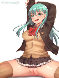 Rule 34 | 10s, 1girl, blouse, brown jacket, brown skirt, brown sweater, brown thighhighs, buttons, censored, green eyes, green hair, hair ornament, hairclip, jacket, kantai collection, kurowan, long hair, mosaic censoring, neck ribbon, no panties, open mouth, pleated skirt, pussy, red ribbon, ribbon, shirt, simple background, skirt, smile, solo, suzuya (kancolle), sweater, thighhighs, twitter username, white background, white shirt