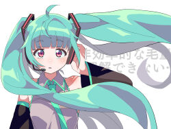 Rule 34 | 1girl, ahoge, bare shoulders, black sleeves, blue hair, blunt bangs, collared shirt, commentary request, cosplay, detached sleeves, grey shirt, hand on headphones, hand up, hatsune miku, hatsune miku (cosplay), headphones, headset, highres, long hair, long sleeves, looking at viewer, omega auru, open mouth, pink eyes, pretty series, shirt, sleeveless, sleeveless shirt, solo, translation request, tsujii luki, twintails, upper body, very long hair, vocaloid, waccha primagi!, white background, wind