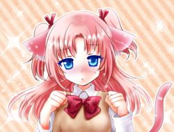 Rule 34 | 10s, 1boy, animal ears, arikawa hime, blue eyes, blush, cat ears, cat tail, clenched hands, himegoto, kemonomimi mode, long sleeves, looking at viewer, pink hair, ribbon, short hair, sparkle, striped, striped background, sweatdrop, sweater vest, tail, trap, tsukiori sasa, twintails, upper body