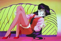 Rule 34 | 1990s (style), 1girl, bishoujo senshi sailor moon, black eyes, black hair, casual, feet, full body, high heels, hino rei, index finger raised, knees up, leg hold, legs, long hair, long sleeves, looking at viewer, miniskirt, official art, reclining, red legwear, red skirt, red stockings, retro artstyle, sailor mars, shoes, skirt, solo, sweater, thighhighs, third-party edit