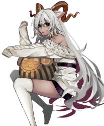 Rule 34 | 1girl, absurdres, animal ears, arknights, beeswax (arknights), dress, goat ears, goat horns, highres, horns, long hair, looking at viewer, off shoulder, open mouth, populamalus, sidelocks, simple background, solo, thighhighs, very long hair, white background, white dress, white hair, white thighhighs, yellow eyes