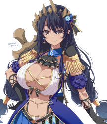 Rule 34 | 1girl, nanashi inc., black gloves, black hair, breasts, brown eyes, cleavage, closed mouth, commentary request, dated, gloves, hair between eyes, hand on own hip, highres, honey strap, kichihachi, long hair, looking at viewer, navel, pointy ears, shimamura charlotte, smile, solo, twintails, twitter username, virtual youtuber, white background, white hair