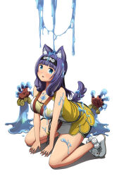 Rule 34 | 1girl, animal ear fluff, animal ears, bare shoulders, blue eyes, breasts, cleavage, dog girl, dog tail, full body, futoku no guild, hitamu kyan, kneeling, large breasts, magyo, purple hair, raccoon ears, simple background, sleeveless, slime (creature), solo, tail, thighs, white background
