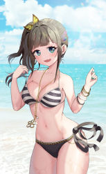 Rule 34 | 1girl, absurdres, between breasts, bikini, black bikini, blade &amp; soul, blue eyes, blunt bangs, blush, bracelet, breasts, brown hair, butterfly hair ornament, cloud, cowboy shot, day, fang, green nails, hair intakes, hair ornament, halterneck, highres, horizon, jewelry, large breasts, long hair, looking at viewer, nail polish, navel, necklace, ocean, open mouth, original, side-tie bikini bottom, side ponytail, skin fang, sky, smile, solo, stomach, strap lift, striped bikini, striped clothes, swimsuit, unaligned breasts, wet, white bikini, yuchae