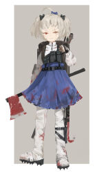 Rule 34 | 1girl, :3, ahoge, axe, bandage on face, bandaged hand, bandages, blood, blood on clothes, blue bow, blue skirt, boots, border, bow, brown bag, cleats, commentary request, crowbar, full body, grey background, grey eyes, grey hair, hair bow, hair ornament, heterochromia, highres, holding, holding axe, long sleeves, looking at viewer, nai ga, original, outside border, pouch, red eyes, scar, scar across eye, shirt, skirt, smile, solo, standing, twintails, white border, white footwear, white shirt