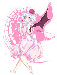 Rule 34 | 1girl, ass, back, back cutout, barefoot, bat wings, blouse, blue hair, blush, bow, clothing cutout, fingers together, furim, hat, heart, heart print, highres, index fingers together, looking at viewer, looking back, mob cap, pointy ears, red eyes, remilia scarlet, sash, shirt, short hair, skirt, skirt set, soles, solo, steepled fingers, toes, touhou, wings
