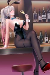 Rule 34 | 1girl, absurdres, alcohol, animal ears, bar (place), black leotard, black pantyhose, blue bow, blue bowtie, blue eyes, bottle, bow, bowtie, breasts, counter, detached collar, girls&#039; frontline, grey hair, highres, ikarobu, large breasts, leotard, long hair, lwmmg (girls&#039; frontline), pantyhose, playboy bunny, ponytail, rabbit ears, rabbit tail, sitting, solo, stool, strapless, strapless leotard, tail, wrist cuffs