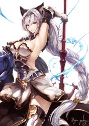 Rule 34 | 10s, 1girl, animal ears, arm up, armor, armored dress, armpits, artist name, belt, blue bow, blue bowtie, boots, bow, bowtie, braid, breasts, brown eyes, cat ears, cleavage, erune, gauntlets, genyaky, granblue fantasy, hair between eyes, hair tubes, heles, long hair, looking at viewer, low-tied long hair, low twintails, polearm, side slit, sideboob, silver hair, simple background, single braid, smile, solo, tail, thigh boots, thighhighs, thighs, twintails, very long hair, weapon